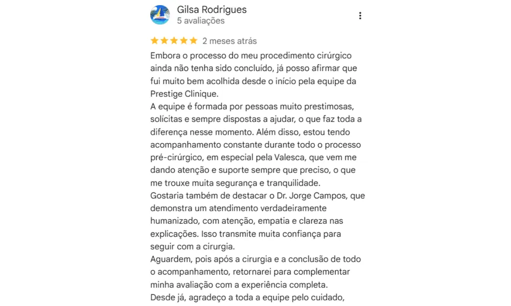 Avaliação de paciente no Google